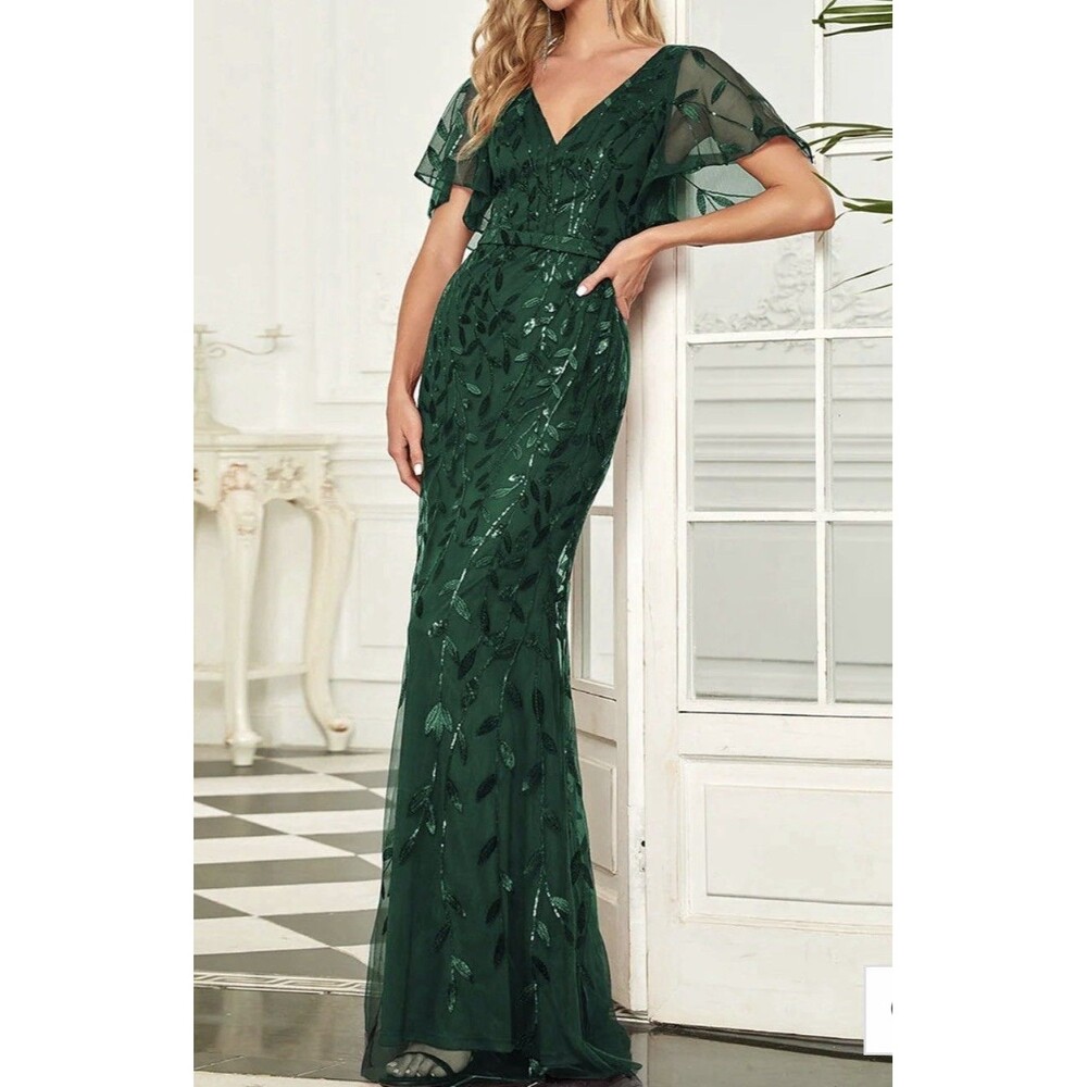 Ever-Pretty Sz 16 Women’s Green Sequin Floral V-Neck Flutter Sleeve Maxi Dress